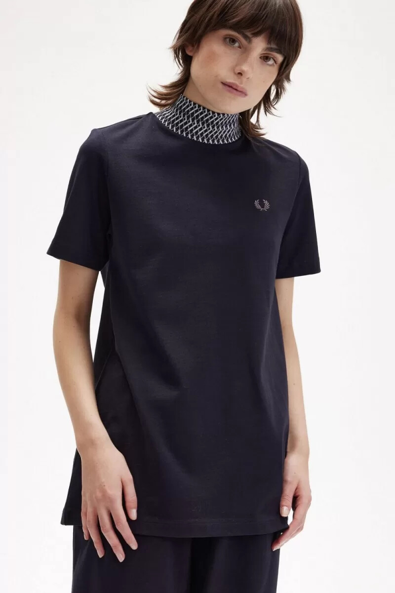 fred perry jacquard trim high neck womens t-shirt navy