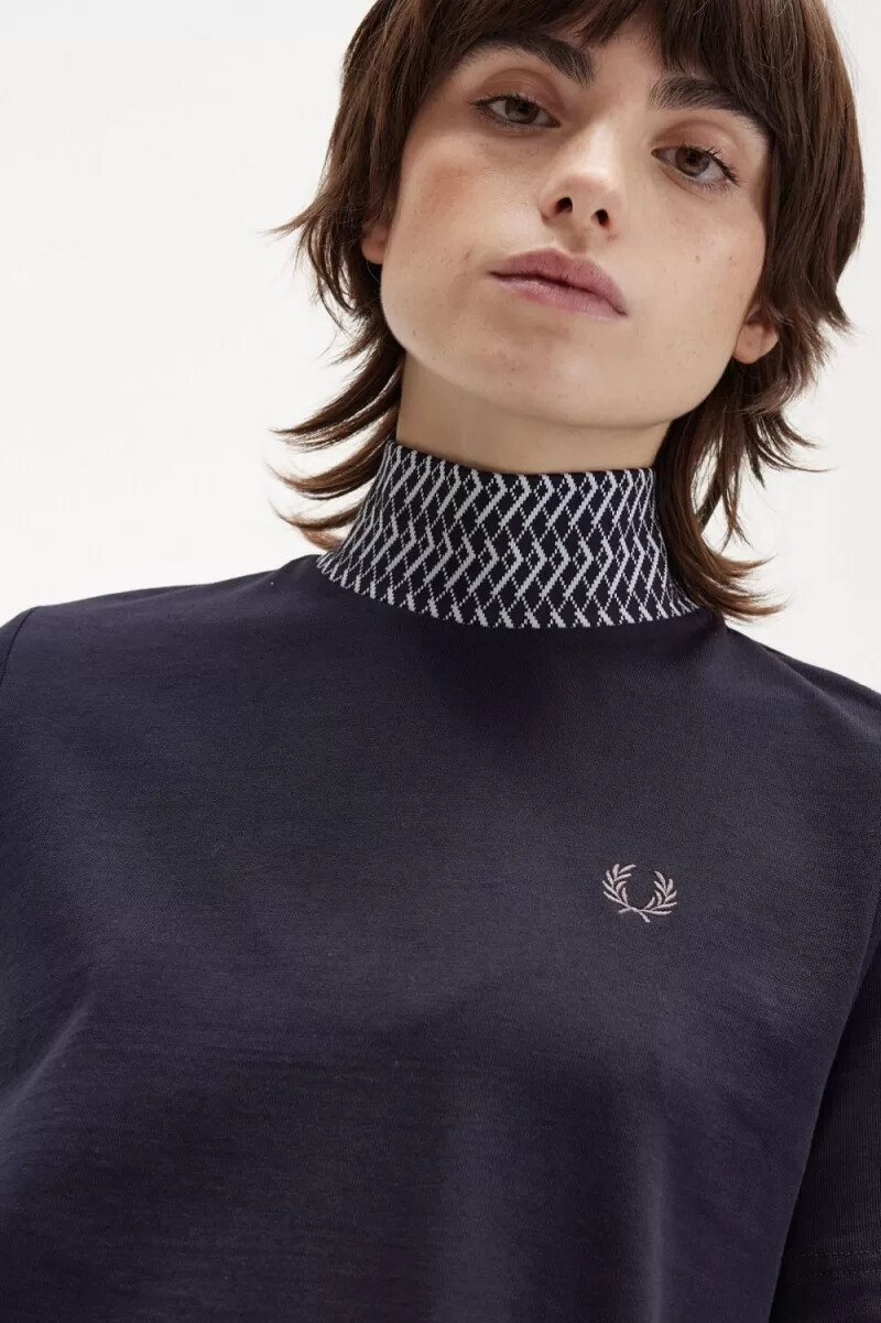 fred perry jacquard trim high neck womens t-shirt navy