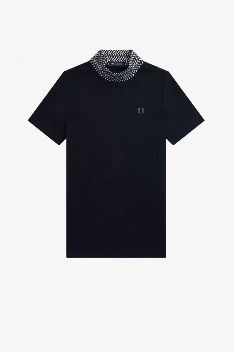 fred perry jacquard trim high neck womens t-shirt navy